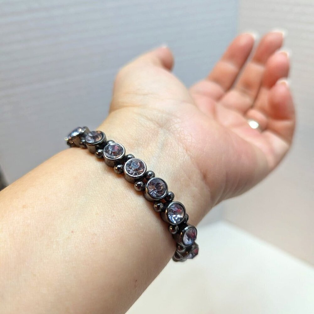 Clear Crystal Gun Metal Grey Tone Tennis Bracelet Stretch
